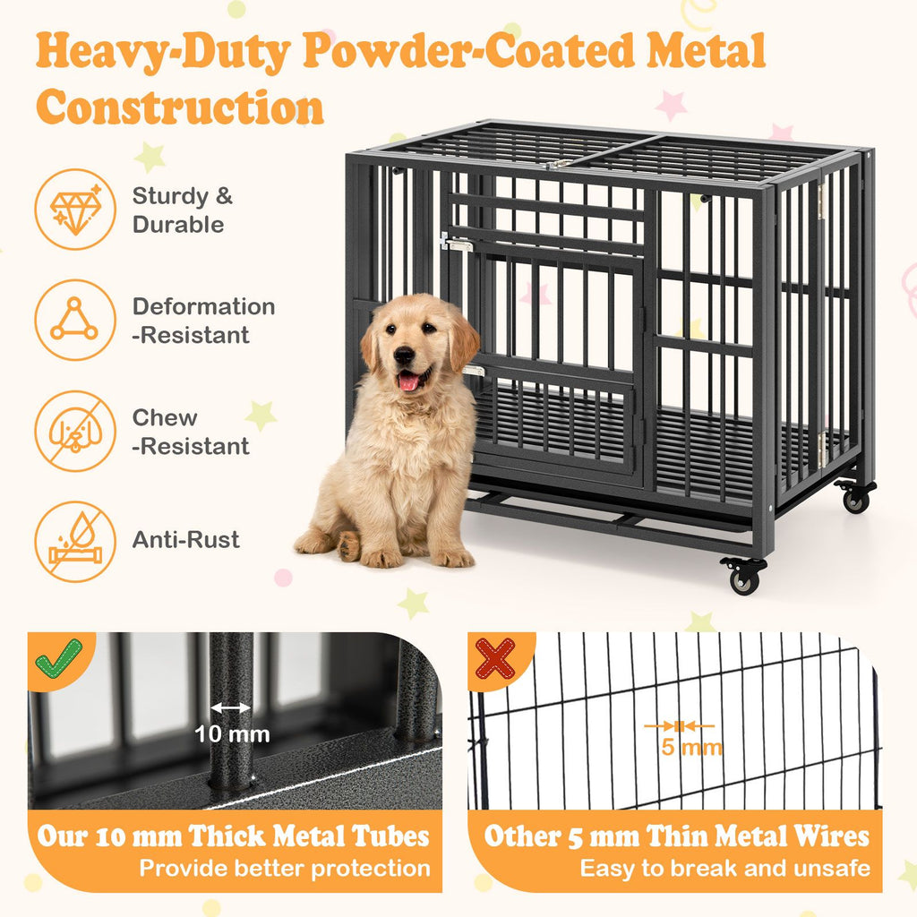 Foldable Metal Dog Cage Chew-Proof Dog Crate with Lockable Universal Wheels