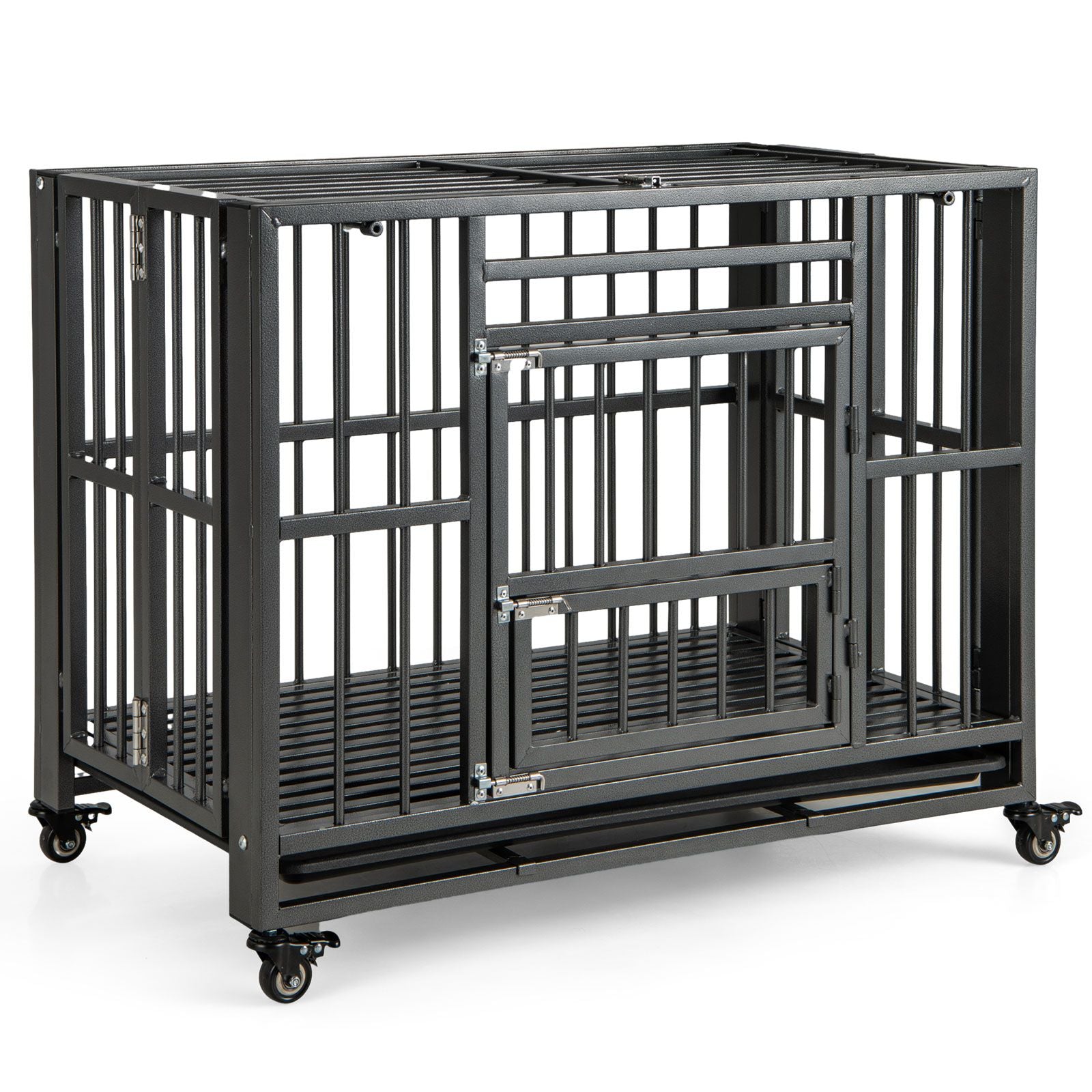 Foldable Metal Dog Cage Chew-Proof Dog Crate with Lockable Universal Wheels