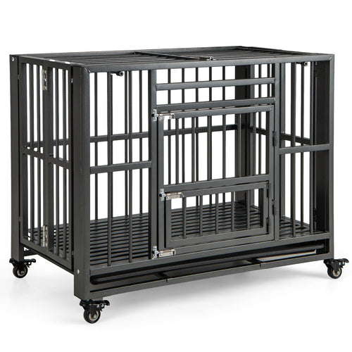 Foldable Metal Dog Cage Chew-Proof Dog Crate with Lockable Universal Wheels