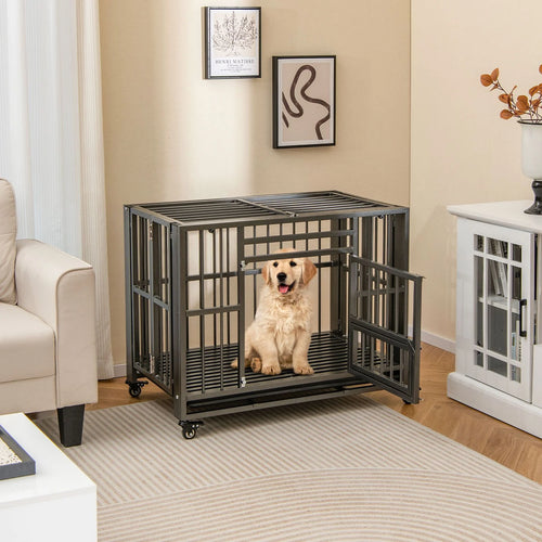 Foldable Metal Dog Cage Chew-Proof Dog Crate with Lockable Universal Wheels