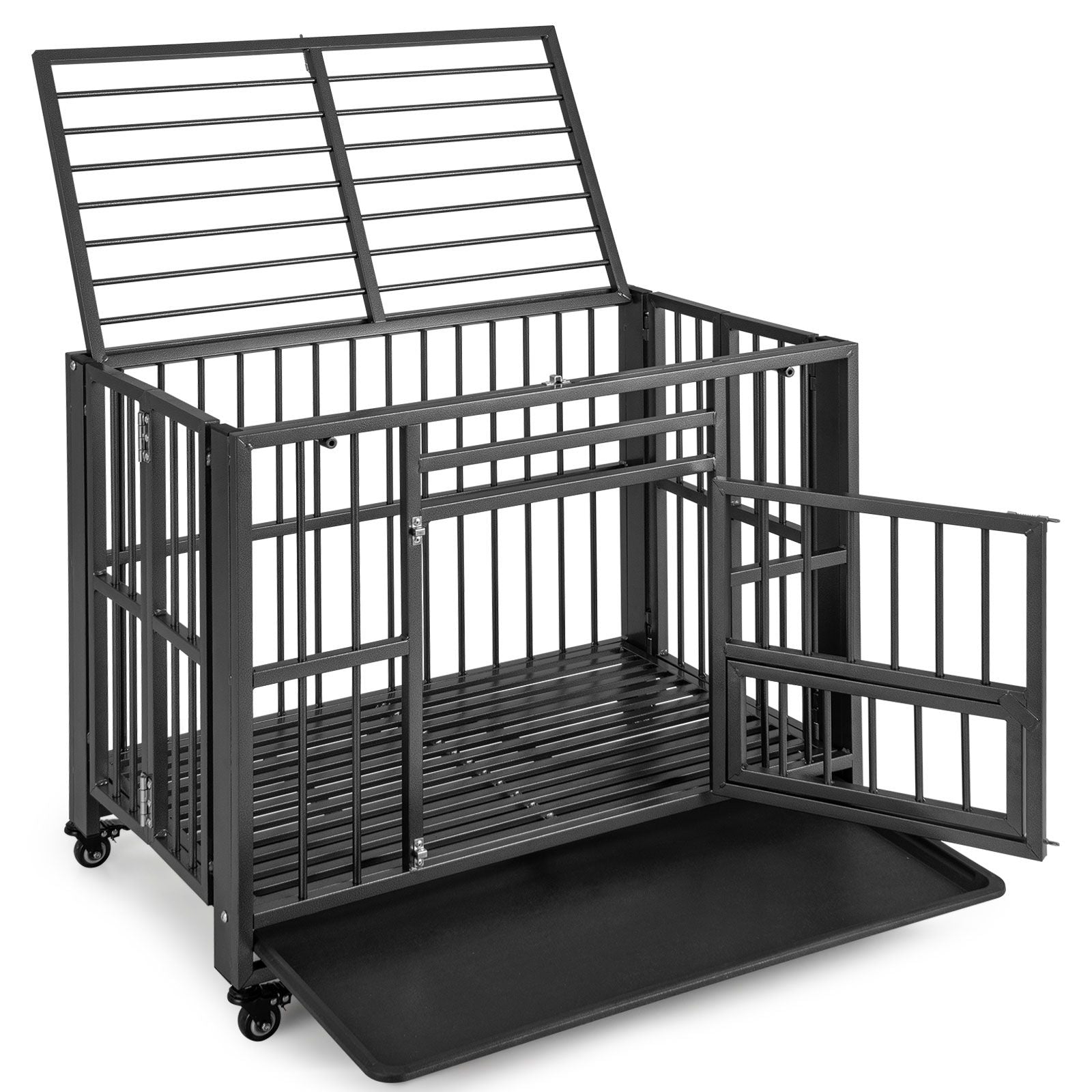 Foldable Metal Dog Cage Chew-Proof Dog Crate with Lockable Universal Wheels