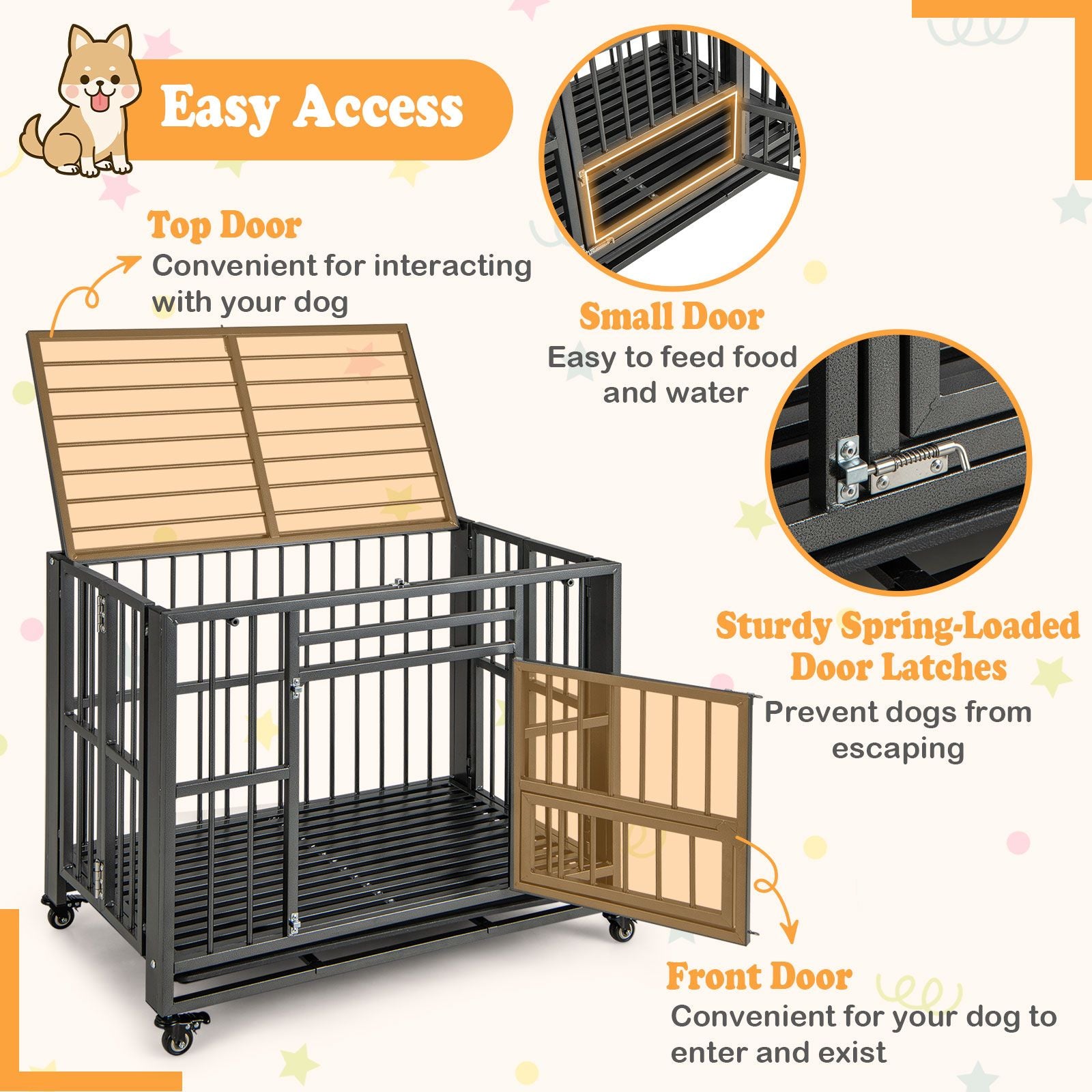 Foldable Metal Dog Cage Chew-Proof Dog Crate with Lockable Universal Wheels