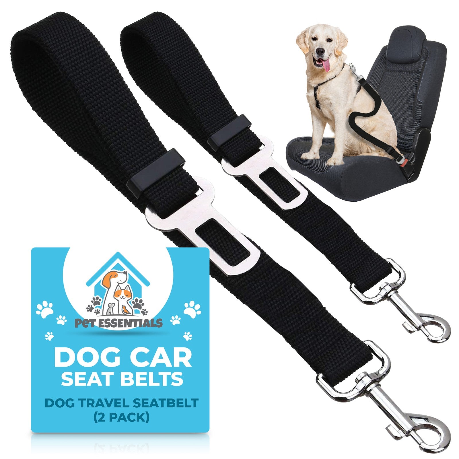2Pk Dog Seat Belt Car Safety Adjustable Pet Travel Harness Lead Restraint Set