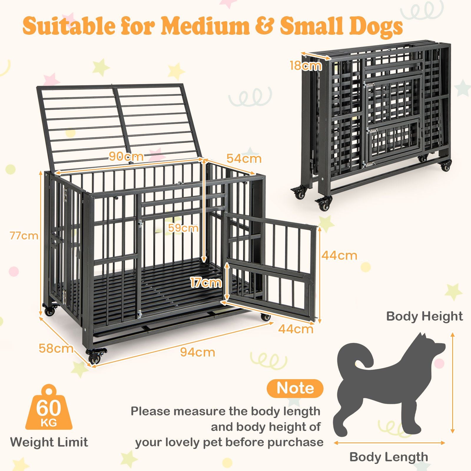 Foldable Metal Dog Cage Chew-Proof Dog Crate with Lockable Universal Wheels