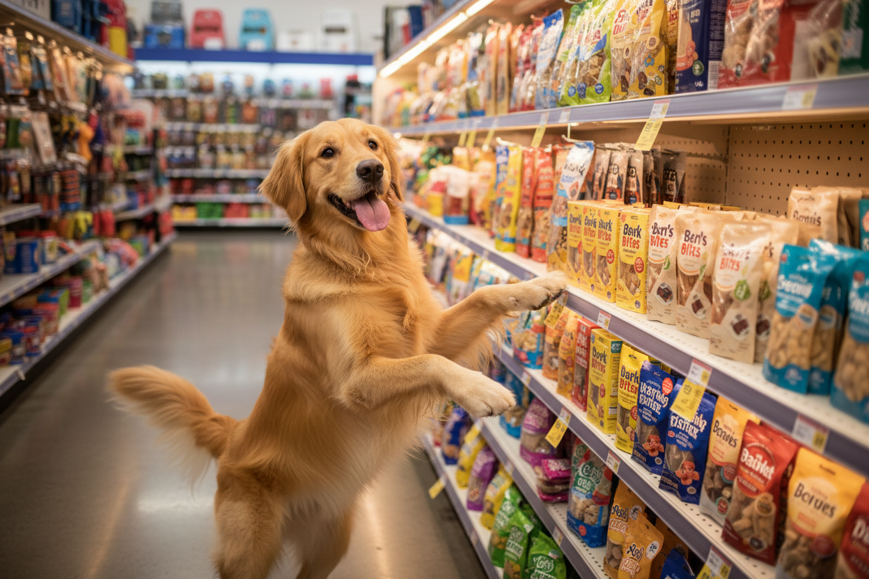 Golden retriever shopping for treats